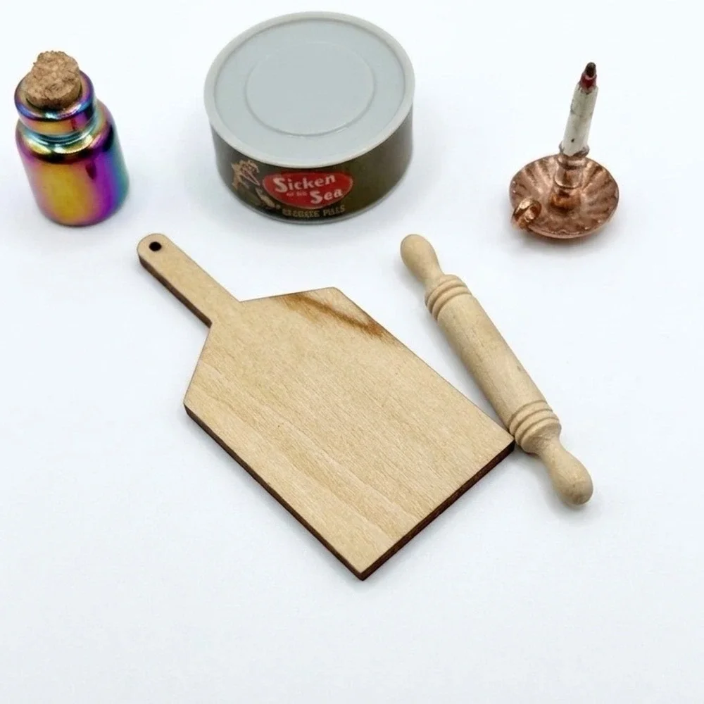Miniature Wooden Cutting Board and Rolling Pin Set Dollhouse Kitchen Accessories